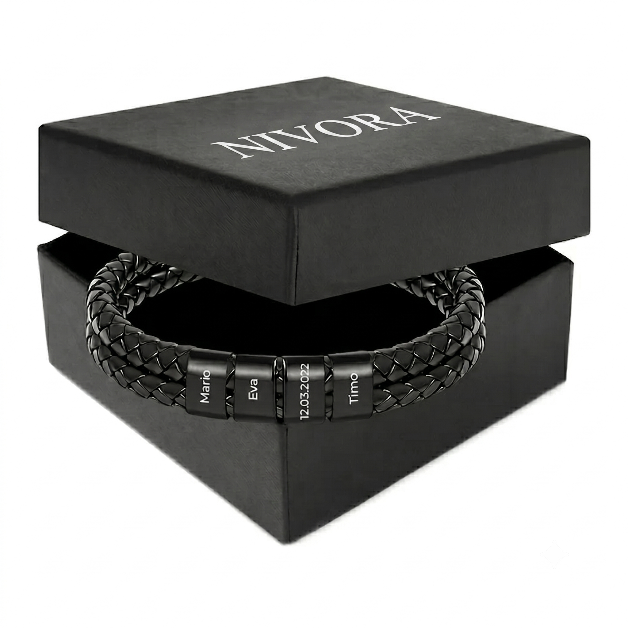 Pulseira de couro com contas gravadas