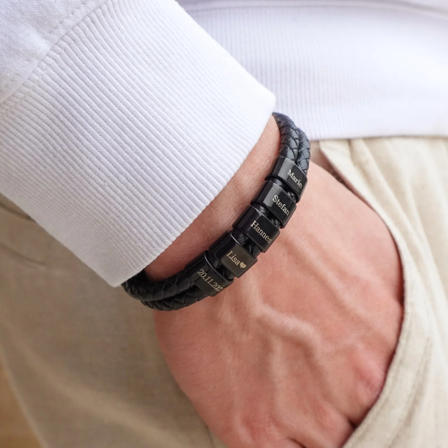 Engraved Leather Bead Bracelet