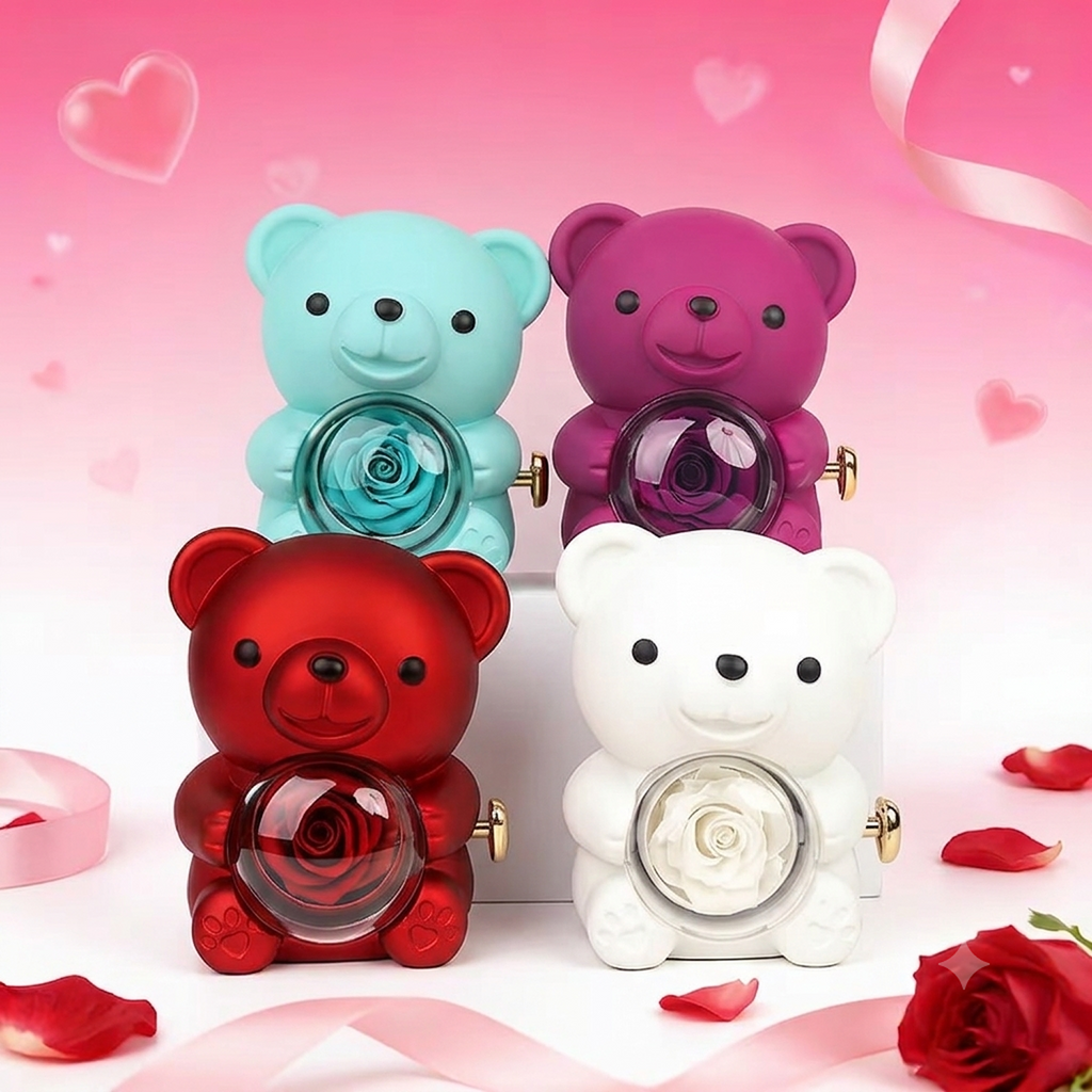 Engraved Heart Necklace in Real Rose Bear Giftbox