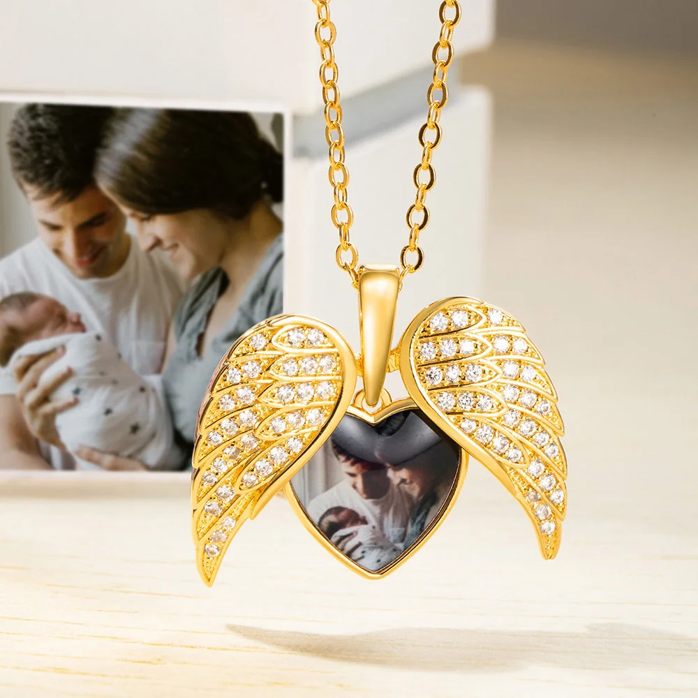Custom Angel Wings Heart Photo Necklace