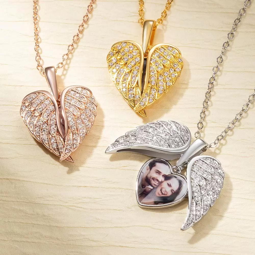 Custom Angel Wings Heart Photo Necklace