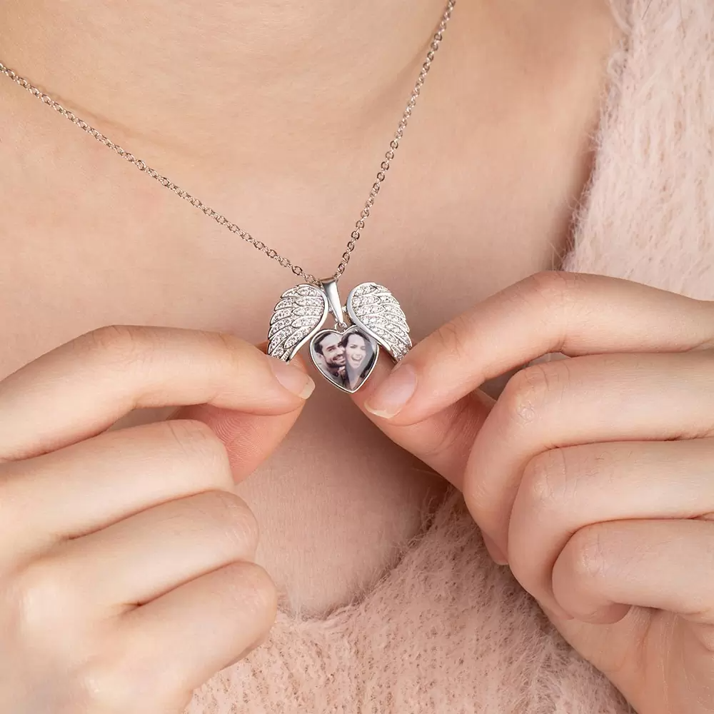 Custom Angel Wings Heart Photo Necklace